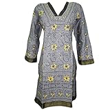 Women Designer Tunic Grey Embroidered Cotton Kurta Kaftan Dresses Gift For Mom