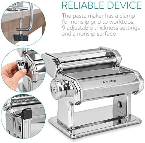 Navaris Machine à pâtes Manuelle - Laminoir pour pâtes fraîches - Spaghetti Lasagne tagliatelle - Appareil avec 9 épaisseurs différentes - Cuisine A Vivre Navaris Machine à pâtes Manuelle - Laminoir pour pâtes fraîches - Spaghetti Lasagne tagliatelle - Appareil avec 9 épaisseurs différentes