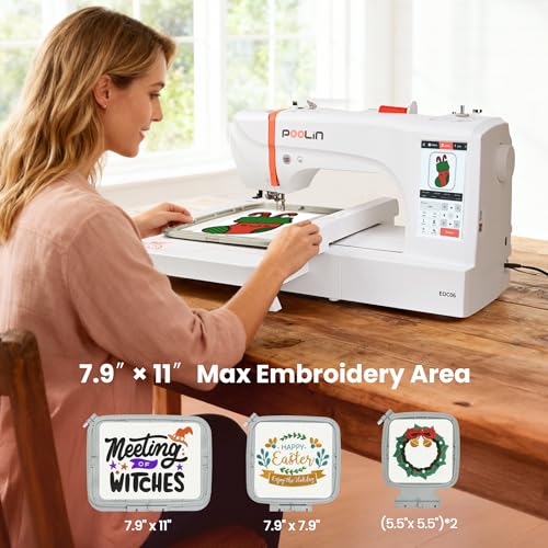 POOLIN EOC06 Embroidery Machine 7.9x11 Inch Large Area for Clothing, Computerized 7 Inch Touchscreen Achieve Letter Embroidery and Combination Embroidery, Includes Thread, Stabilizer, Bobbins