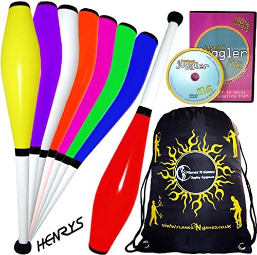 3x HENRYS DELPHIN Pro Juggling Clubs Set of 3 + INSTANT Clubs DVD + Flames N Games Travel Bag! Quality Training Juggling Club Ideal For Number Juggling &amp; Passing! (Red)