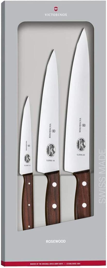 Victorinox Wood, Carving Set, Set of 3, Straight Edge, Extra Sharp, Noble Wooden Handle, Brown