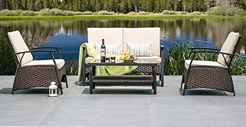 Outdoor Patio Furniture Wicker Sofa -4pc All Weather Deep Seating Conversation Set, Beige Cushio ...