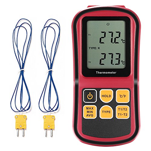 Thermocouple Thermometer, Temperature Controllers Bi-channel Input LCD Blacklight with Two K-type thermocouple the Current Measurement Hold for J/K/T/E/N/R/S Type Thermocouples Contact with Measured