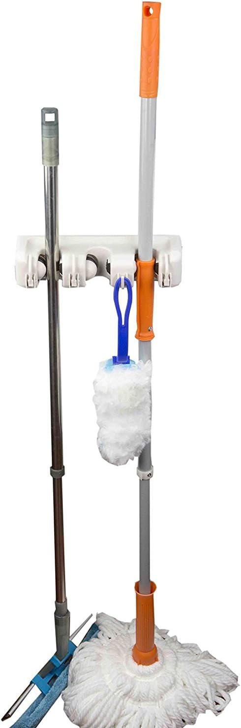 Home Basics Mop and Broom Wall Mounted Rack Organizer, 3 Slots and 4 Hooks