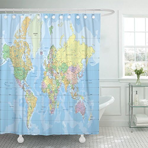 VaryHome Shower Curtain Blue Africa Political World Map in Mercator Projection All Arab Waterproof Polyester Fabric 72 x 78 Inches Set with Hooks