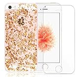 Iphone SE Case, A-Focus Rose Gold Luxury Bling Gitter Bumper Clear Transparent Soft Gel TPU Case with Colloid Infused Glitter Stars + Glass Screen Protector for Iphone 5 / 5s / SE ( Rose Gold )