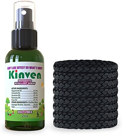 Kinven Bracelets and Spray Pack for Mosquito - 2oz Spray Bottle + 8 Bracelet, Black, Great Looking and Natural, Insect Wristband & Spray, Waterproof, Indoor Outdoor Protection for Adults & Kids