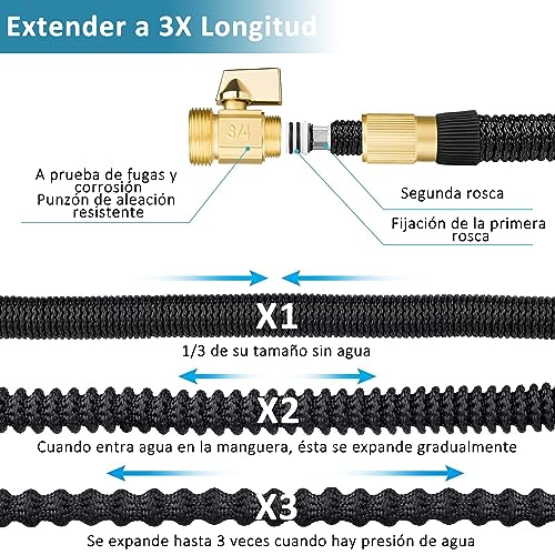 Manguera para Jardin,100FT/30M Manguera Expandible con Boquilla de 10 Funciones,3/4" Conectores de Latón,Manguera de Agua Flexible a Prueba de Fugas sin Torceduras,para Regar Flores,Lavado de Autos