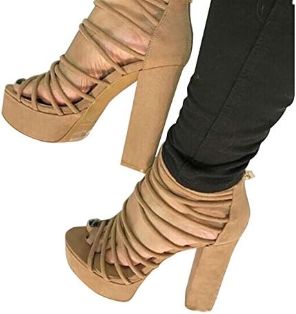 Huiyzuhi Womens Bandage Peep Toe Bohemian High Heels Chunky Sandals (9 B(M) US, Khaki)