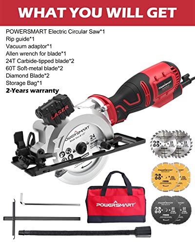 Minisierra circular PowerSmart, sierra circular compacta de 5,8 A y 4-1/2 pulgadas con guía láser, 6 hojas, 3500 RPM, profundidad máxima de corte 1-11/16(90°), 1-1/8(45°) , Ideal para Maderas, Azulejos, Cortes de Metal Blando Minisierra circular PowerSmart, sierra circular compacta de 5,8 A y 4-1/2 pulgadas con guía láser, 6 hojas, 3500 RPM, profundidad máxima de corte 1-11/16(90°), 1-1/8(45°) , Ideal para Maderas, Azulejos, Cortes de Metal Blando