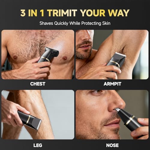 Beard Trimmer Men, 3-in-1 Electric Razor & Shaver for Face, Body & Nose, Cordless Mens Grooming Kit with Charging Dock, IPX7 Waterproof Wet & Dry Hair Trimmer, Gifts for Men (Black)