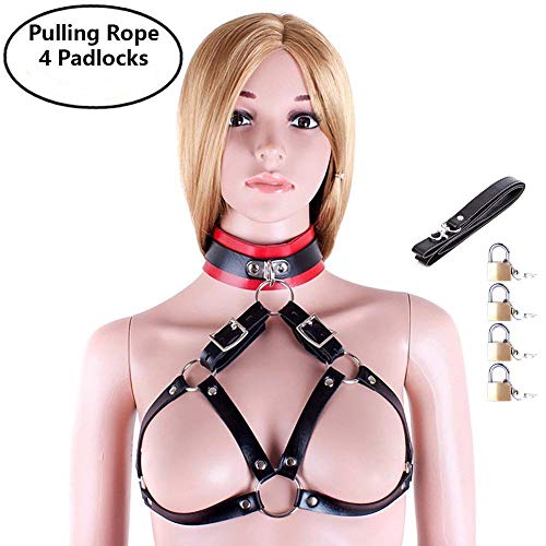 Strapon Collar Cupless Bra Leather – Davidsource Lockable Strapon Neck Collar with Sexy Cupless Bra Leather Restraint Chest Harness BDSM Bondage Sex Toy