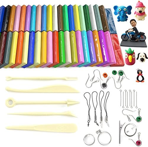 Polymer Clay Starter Kit DIY Modeling Clay 50 Colors of Oven-Bake Magic Clay Blocks with 5 Sculpting Tools and 30 Jewelry Accessories