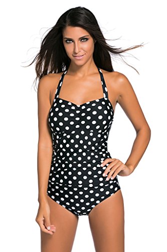 Milakoo Womens Classic Vintage One Piece Black Swimsuit Dot Print Soft Padded Bathing Suit.