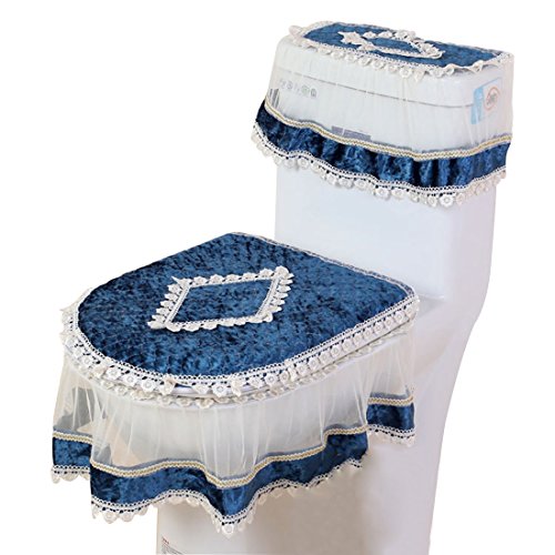 Freahap Toilet Cover Set Lace Bathroom Decor Tank Cover Toilet Lid Cover Toilet Seat Cover Blue
