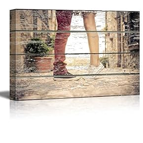 Canvas Wall Art - Kissing Lovers with Woman on her Tiptoe on Vintage Wood Textured Background - Rustic Country Style Modern Giclee Print Gallery Wrap Home Art Ready to Hang - 12" x 18"