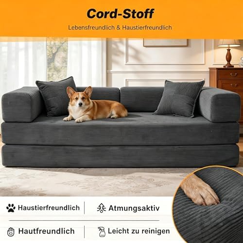 Premium 200 cm rahmenloses Schlafsofa 5-in-1 Couch für das Wohnzimmer, Grau