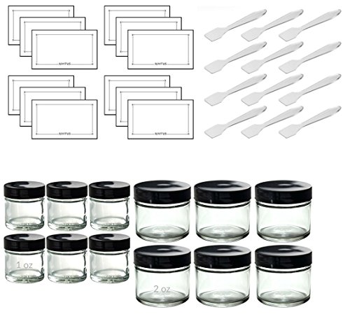 12 piece Clear Glass Straight Sided Jar Set: Includes 6-1 oz Clear Glass Jars and 6-2 oz Clear Glass Jars + Spatulas and Labels for Aromatherapy, Essential Oils, Travel and Home
