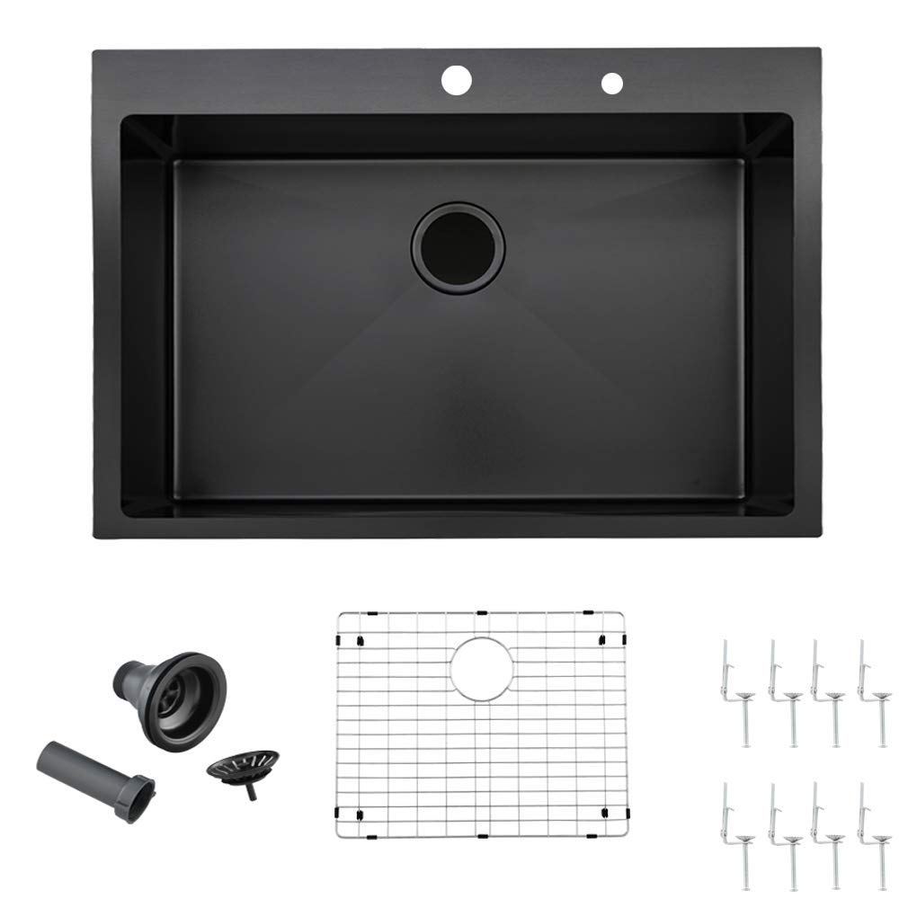 Friho 33"x 22" Inch 18 Gauge Commercial Large Topmount Drop in Single Bowl Basin Handmade SUS304 Stainless Steel Kitchen Sink, Black Kitchen Sinks with Basket Strainer and Dish Grid
