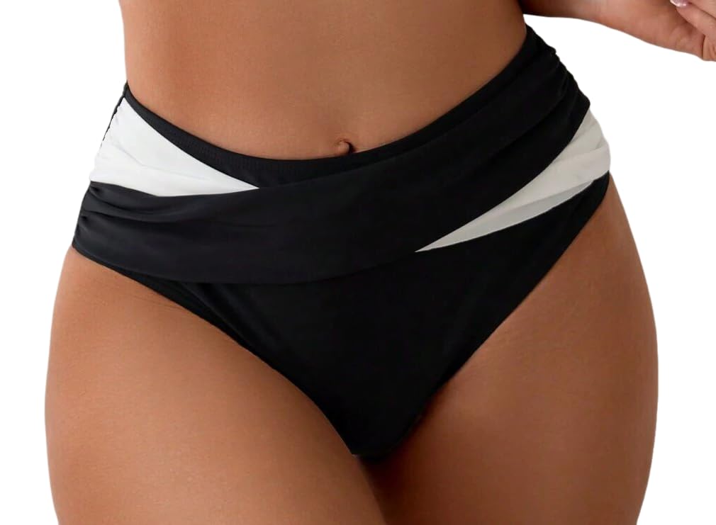Photo 1 of HYTENSUN Women's High Waisted Bikini Bottom Ruched Color Block Swimsuit Bottoms