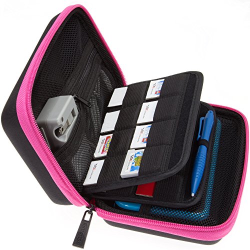 BRENDO-Carrying-Case-for-New-Nintendo-2DS-XL-and-3DS-XL-with-Large-Stylus-Fits-Wall-Charger-24-Game-Cartridge-Case-Holder-PINKBLACK