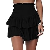 Meikulo Women Smocked Ruffle Mini Skirts Summer High Waisted Tiered Short Skirt with Shorts Underneath