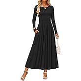 ZESICA Women's Elegant Long Sleeve Maxi Dress 2026 Spring Crewneck Knit High Waist Pleated Flowy A Line Casual Party Dresses