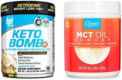 BPI Sports Keto Bomb 18 srv &amp; Quest Nutrition MCT Oil Powder 16 oz - Sugar Free Creamer Bundle to Support Weight Loss, Energy and Overall Health, Perfect for Ketogenic Diets (French Vanilla Latte)