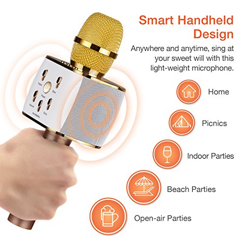 Microphone Karaoke, Wireless Handheld Kids Karaoke Microphone with Bluetooth Speaker, Compatible for iPhone ipad Android Smartphone Or PC, Home KTV Outdoor Party (Gold)