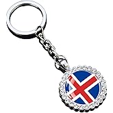 Ruoming 1 National Flag Keychain With Rhinestones, Glass Dome Pendant, Silver Metal Chain, World2