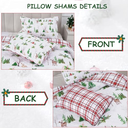 FRAMICS 3 PIECE CHRISTMAS REVERSIBLE QUILT SET QUEEN SIZE, RED PLAID LIGHTWEIGHT COMFORTER SET, GREEN WATERCOLOR PINE TREE REINDEER SNOWHOUSE CHRISTMAS QUILT, 90″ X 90″, 1 QUILT+2 PILLOW SHAMS