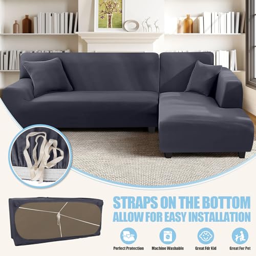 Sectional Couch Covers L Shape Sofa Covers Super Stretch 2pcs Sofa Slipcovers for 3 + 3 Seaters Sectional Chaise Slipcover with 2pcs Pillow Covers for Pets Kids, Dark Grey