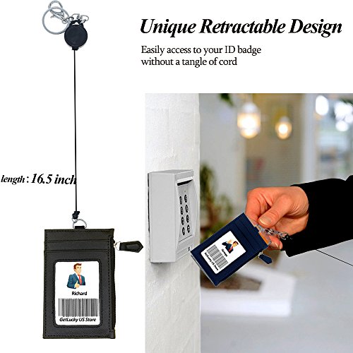Badge Holder with Zipper,Boarding Pass Holder,2-Sided PU Leather ID Badge Holder with Retractable Badge Reel & Easy Clasp Keychain,1 ID Window 4 Card Slots 1 Zipper Pocket, 17.8” Neck Lanyard (Black)