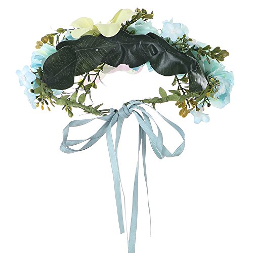 Felice Arts Handmade Boho Flower Headband Hair Wreath Halo Floral Garland Crown Headpiece with Adjustable Ribbon Festival Wedding Party, Blue