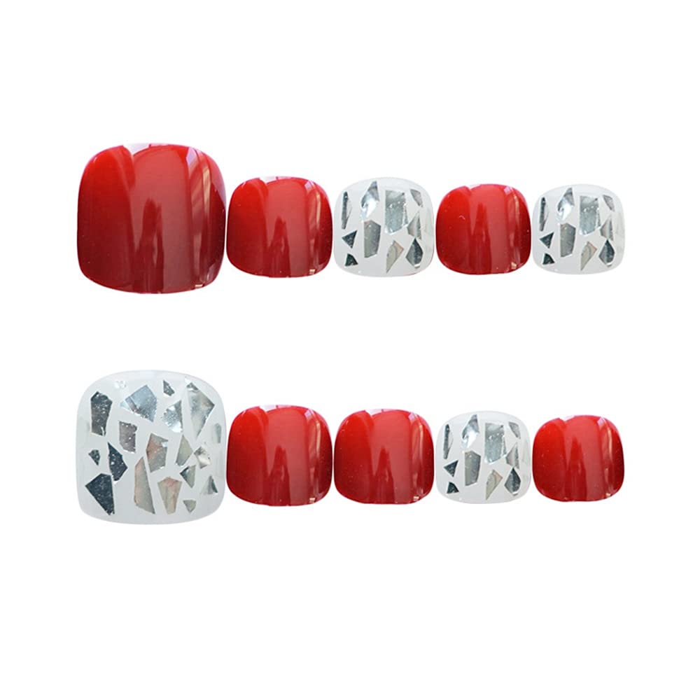 YONAIL 24pcs/set Red Toenails for Women False Toenails Glitter Press On Toenails Full Cover Acrylic Fake Toenails for Women and Girls Wedding Party Decals