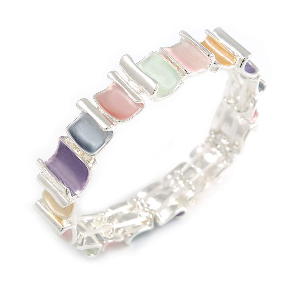 Avalaya Pastel Multicoloured Enamel Curly Squares Geometric Flex Bracelet in Silver Tone - 20cm Long