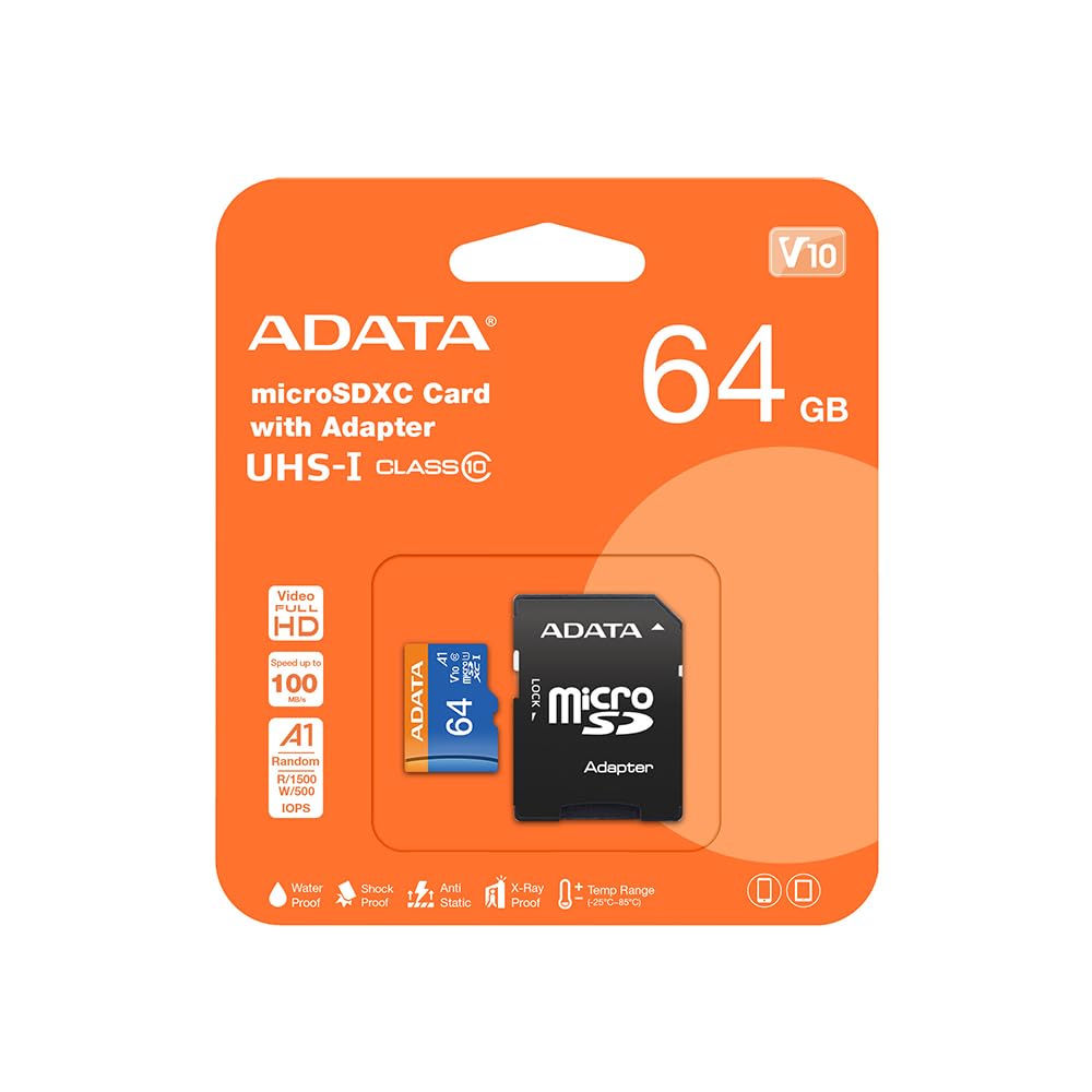 ADATA AUSDX64GUICL10A1-RA1 64GB Premier Micro SDXC Card with SD Adapter UHS-I Class 10 with A1 App Performance - (Storage > SD Cards & Flash Memory)