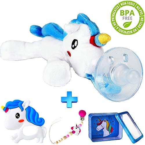 Baby Pacifier Holder, Plush Toy Includes Detachable,Pacifier Teether, Pacifier Clip, Gift Box(Toy Set with Plush Doll,4 Pieces)