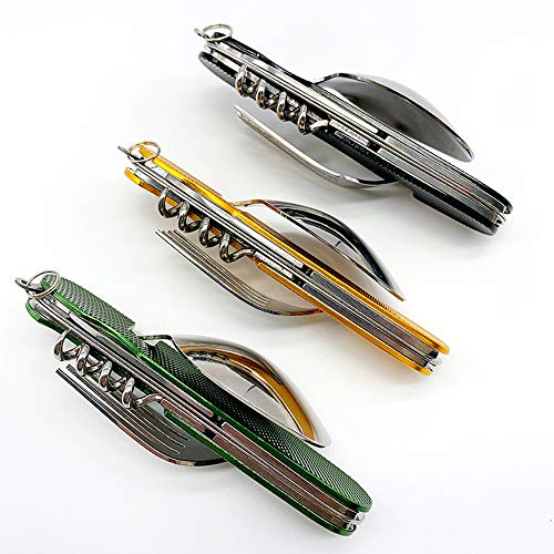 6-in-1 Multi-Function Camping Flatware Utensil Folding Knife Cutlery Detachable Pocket Kits with Storage Bags (3 Packs: Black + Gold + Green) - Thumbnail 6