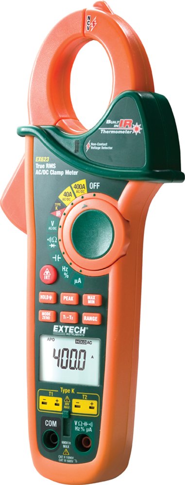 Extech EX623 True RMS 400A AC DC Clamp Meter With Dual Type K InfraRed Thermometer And NCV