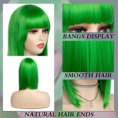 Green Short Bob Wig With Bangs 12 Inch Synthetic Fiber Short Straight Hair Color Wig Heat Resistant Natural Fashion Wig For Party Fiesta Halloween Christmas And Everyday Decor (12 Inch, Green)