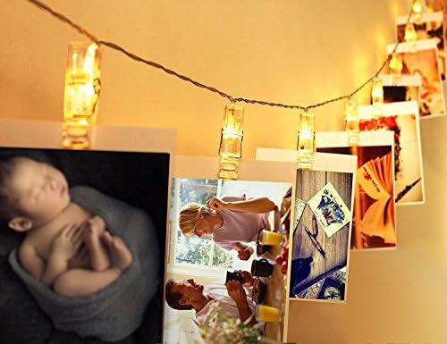 LED String Lights 16 Photo Clips 15 FT Waterproof Decorative Lights Timer Modes Battery Powered Operated for Christmas Holiday Party, Bedroom, Indoor/Outdoor, Hanging Pictures, Postcards , Warm White