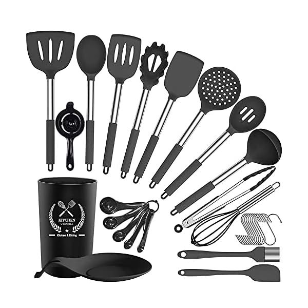 Silicone-Kitchen-Utensils-Set30-Pcs-Silicone-Cooking-Utensils-SetStainless-Steel-Cooking-Utensils-Heat-Resistant-CookwareCooking-Tools-with-Holder-for-Non-Stick-Pans-Black Silicone Kitchen Utensils Set,30 Pcs Silicone Cooking Utensils Set,Stainless Steel Cooking Utensils Heat Resistant…