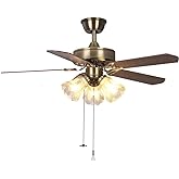 TWLITE 42 Inch Indoor Ceiling Fan with Pull-Chain and Three LED Light Bulbs Base, Traditional 3-Speeds Reversible Blades Ceil