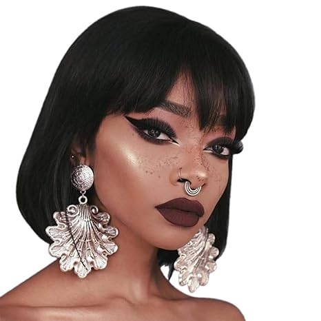 Buy Human Hair Straight Short Bob Wigs With Flat Bangs Brazilian