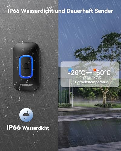 TECKNET Wireless Doorbell with Batteries, RGB Wireless Doorbell Outdoor Waterproof IP66 with 2 Receivers, 400M Range, 5 Volume Levels and 60 Melodies for Home, Hotel, Office, Emergency