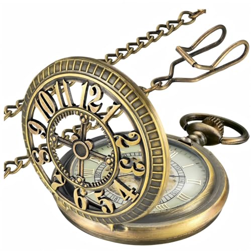 MJSCPHBJK Vintage Pocket Watch with Chain Simulate Mechanical Design Roman Numerals Scale Quartz Pocket Watches for Xmas Fathers Day Gift