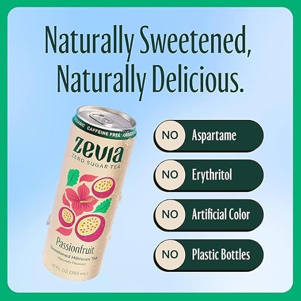 ZEVIA ZERO SUGAR TEA, HIBISCUS TEA WITH PASSIONFRUIT CAFFEINE FREE, 12 OZ CANS (12-PACK) – NATURALLY SWEETENED, ZERO CALORIE SUGAR FREE – NON-GMO PROJECT VERIFIED, GLUTEN-FREE, VEGAN