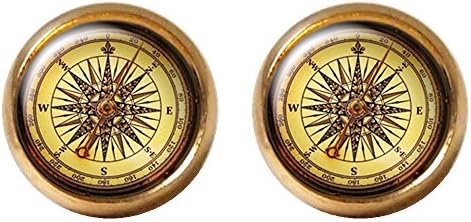 Vintage Compass Nautical Pirate Handmade - Steampunk Style - Gold Stainless Steel Stud Earrings