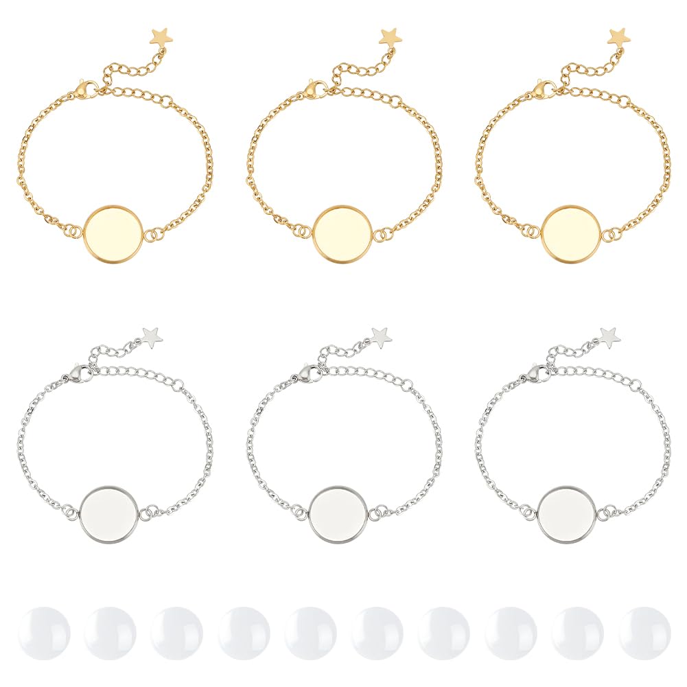 UNICRAFTALE 10 Sets 2 Colors Stainless Steel Bracelet Bezel Settings with 16mm Flat Round Clear Glass Cabochons for DIY Bracelet Making